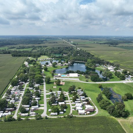 Aerial view of park, ponds and RV sites at Shady Lakes RV Resort