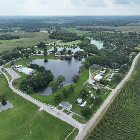 Aerial view of park, ponds and RV sites at Shady Lakes RV Resort