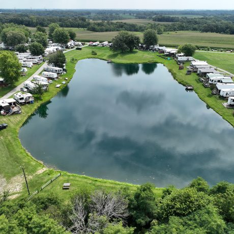 Aerial view of park, ponds and RV sites at Shady Lakes RV Resort