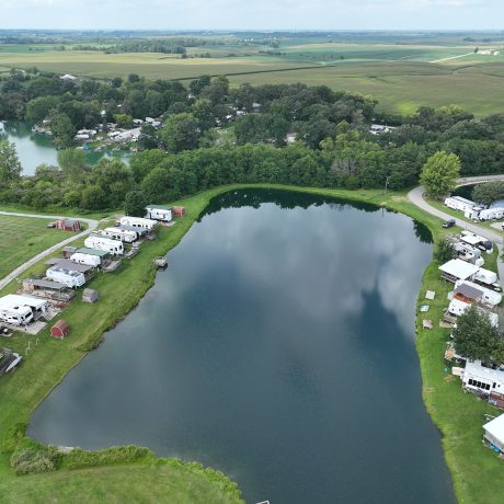 Aerial view of park, ponds and RV sites at Shady Lakes RV Resort